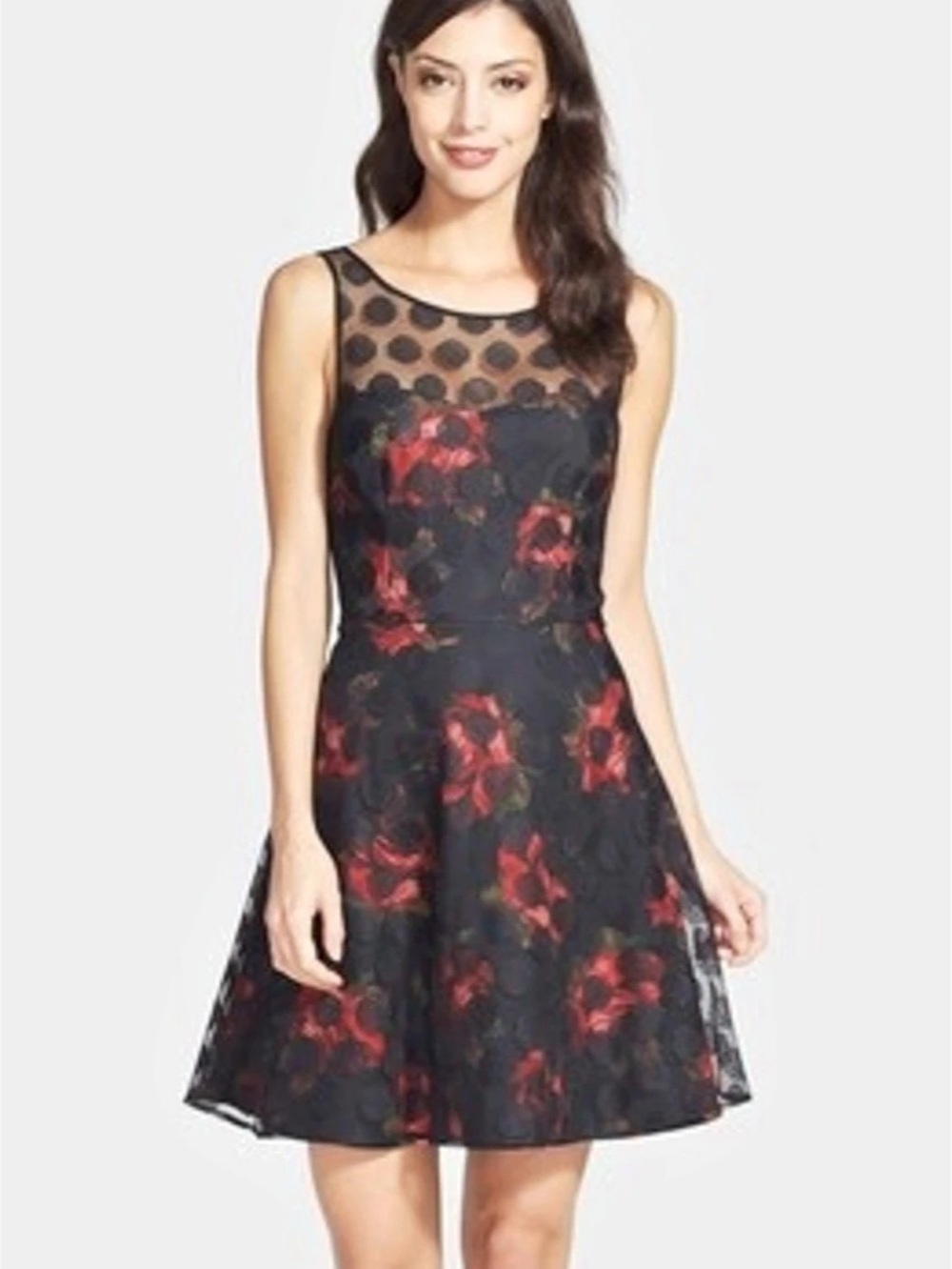 Betsey Johnson Floral Mesh Polka Dot Fit & Flare Dress in Black & Red